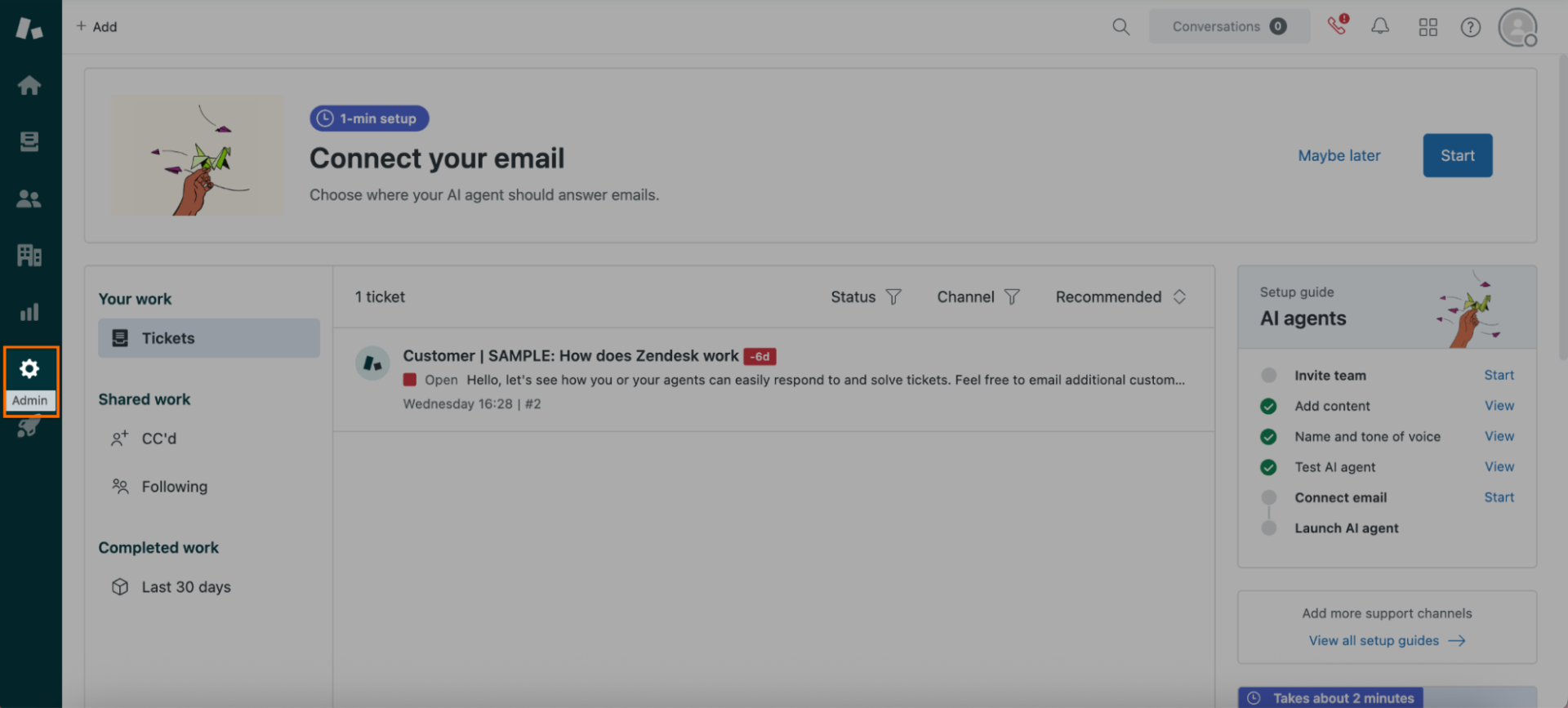 Menu Admin na área de cliente Zendesk