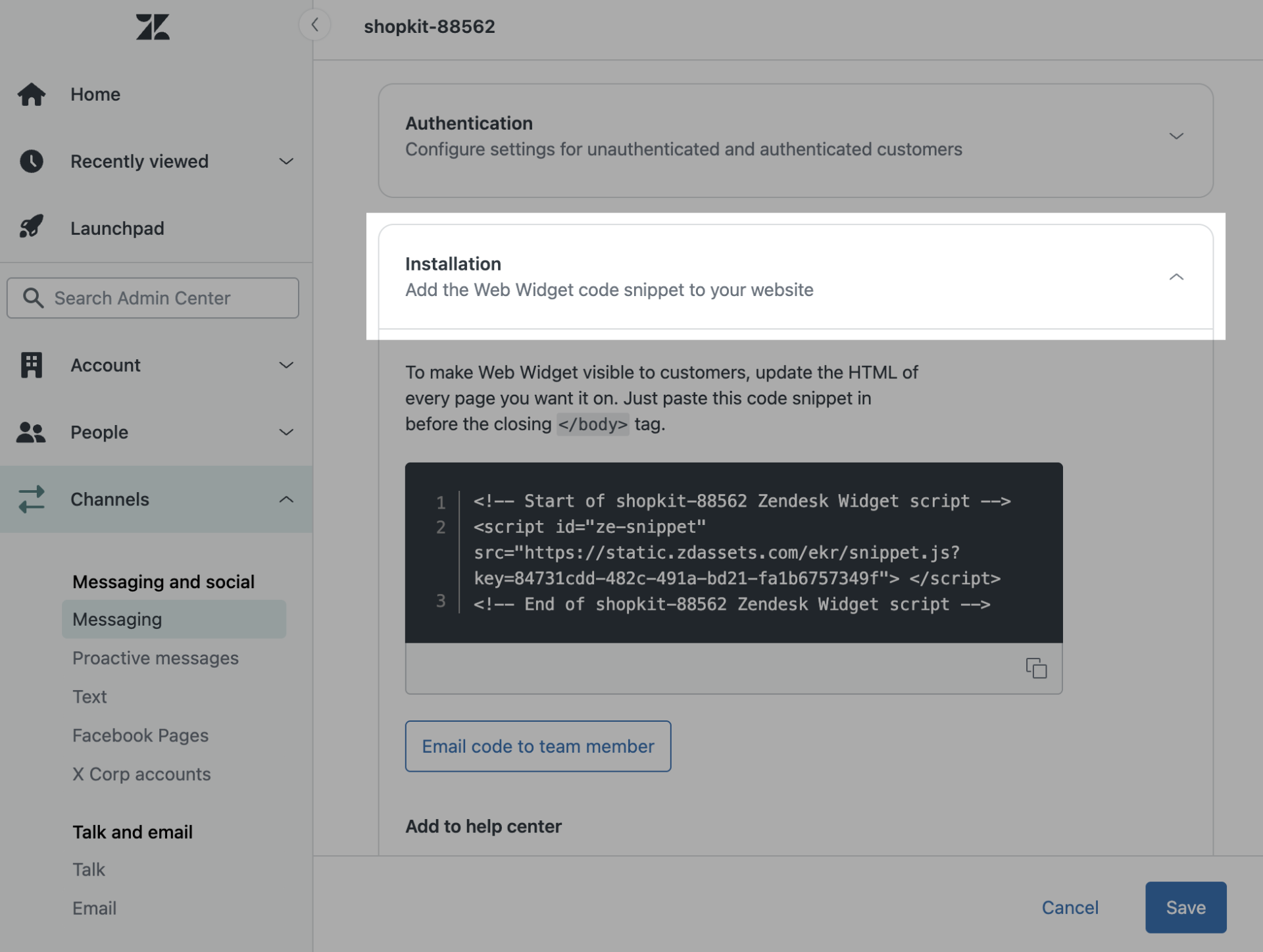 Secção para obter código de instalação do chat online