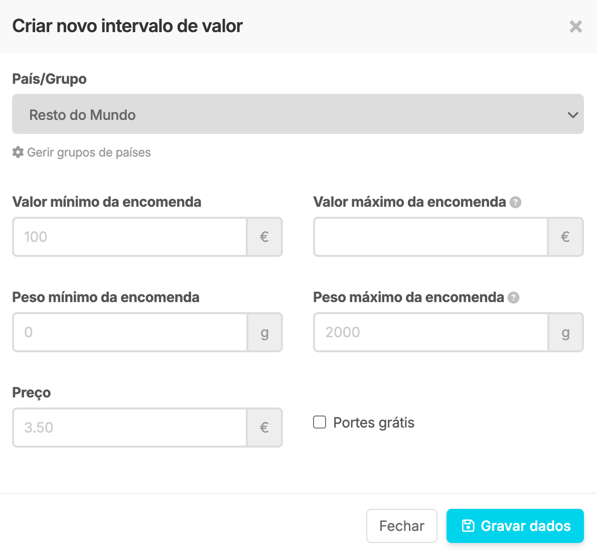 Criar intervalo de valor