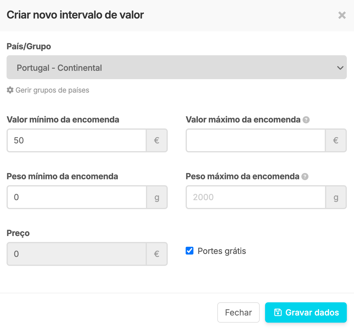Intervalo de valor com portes grátis