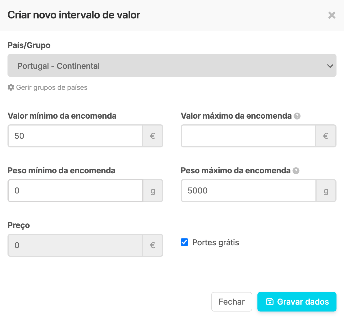 Intervalo de valor e peso grátis