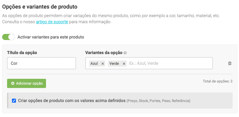 Opções e variantes de produtos
