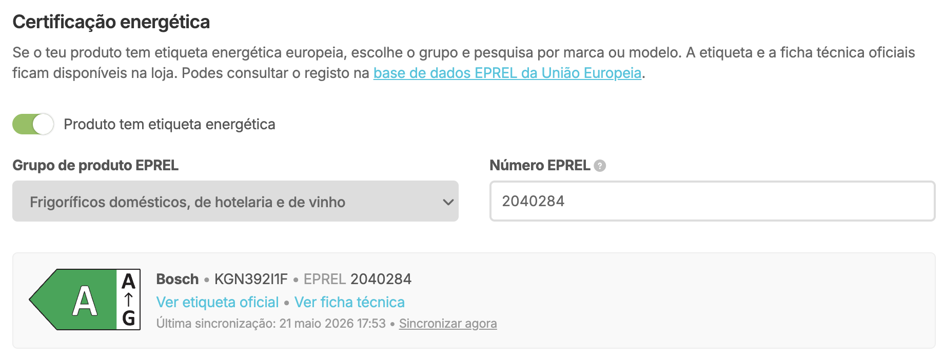 Secção de etiqueta energética na ficha de produto