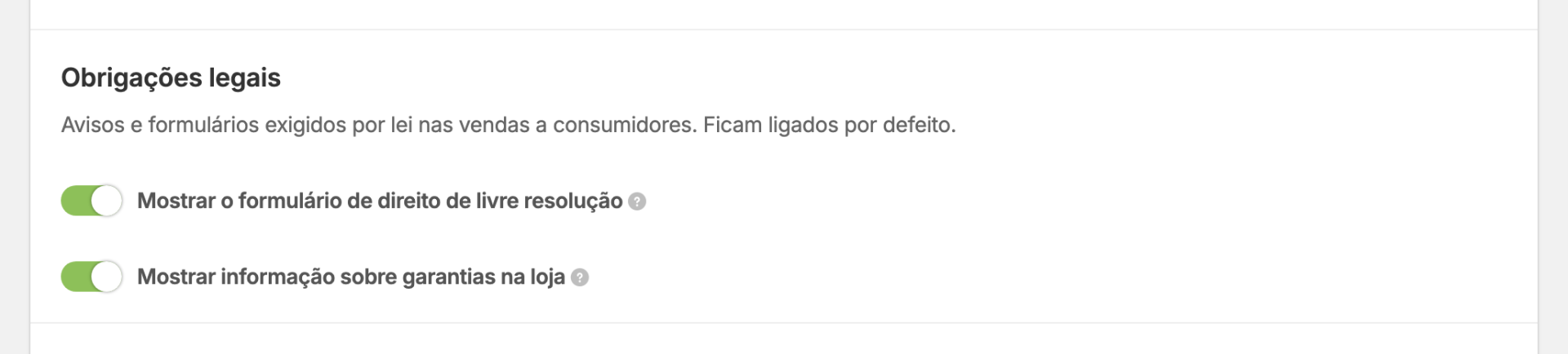 Opção de informação sobre garantias em Configurações / Geral