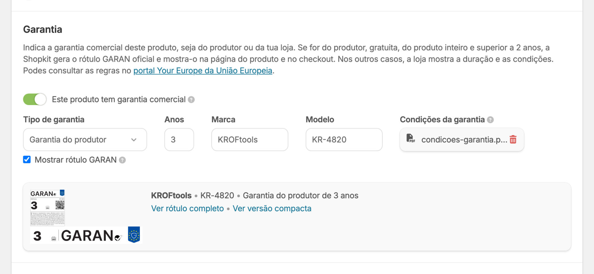 Secção de garantia na ficha de produto