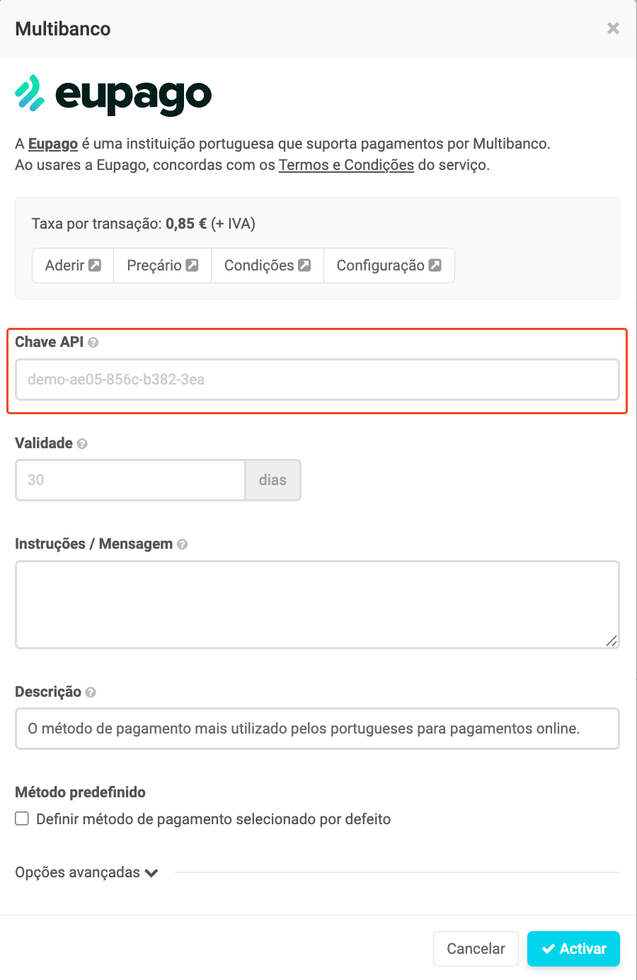 Configuração do multibanco euPago