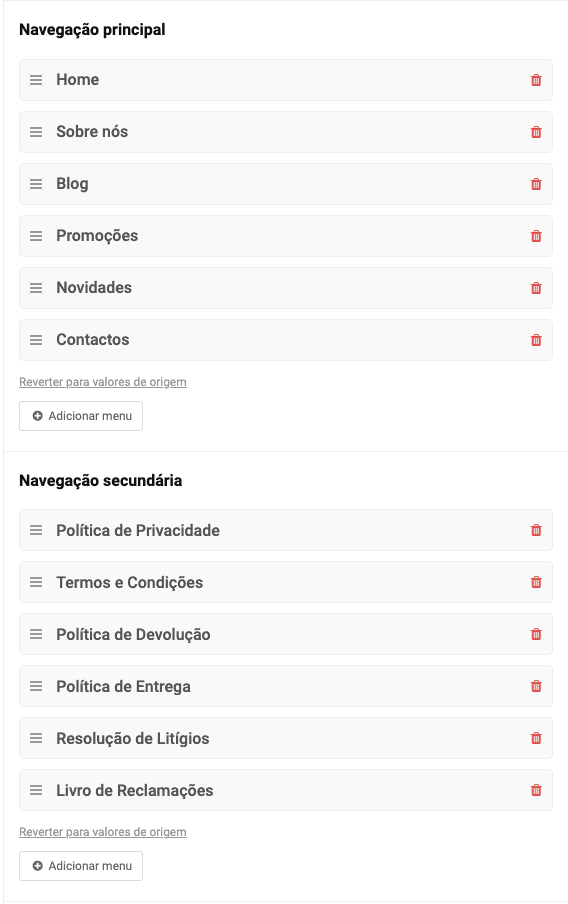 Menus de navegação principal e secundária