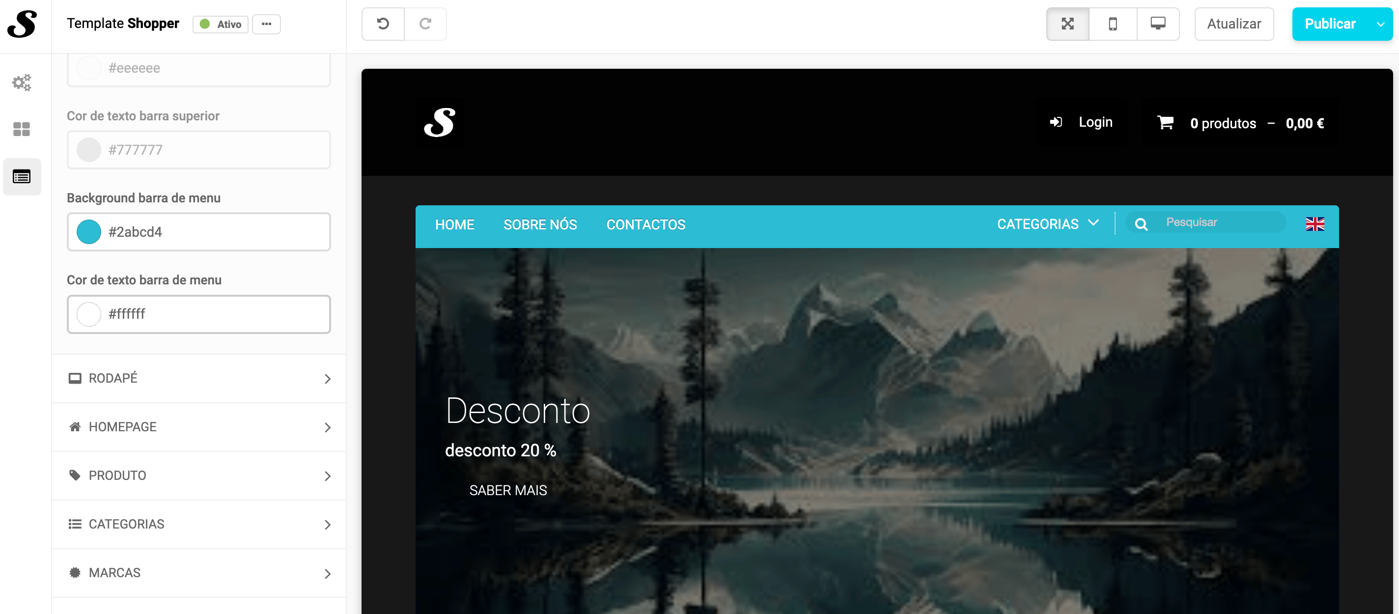 Configuração dos menus de navegação
