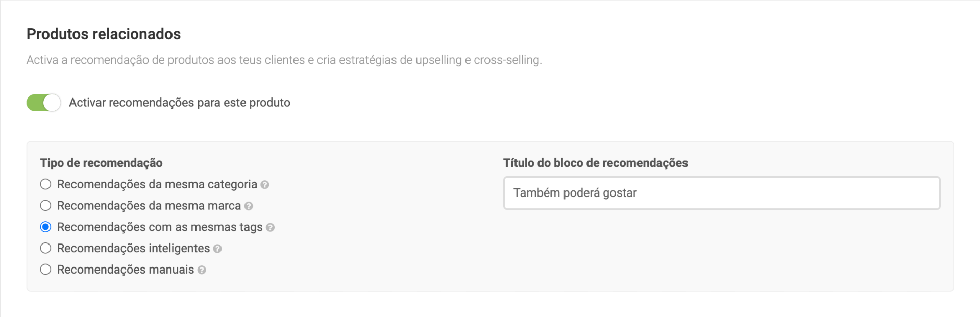 Configuração de produtos relacionados
