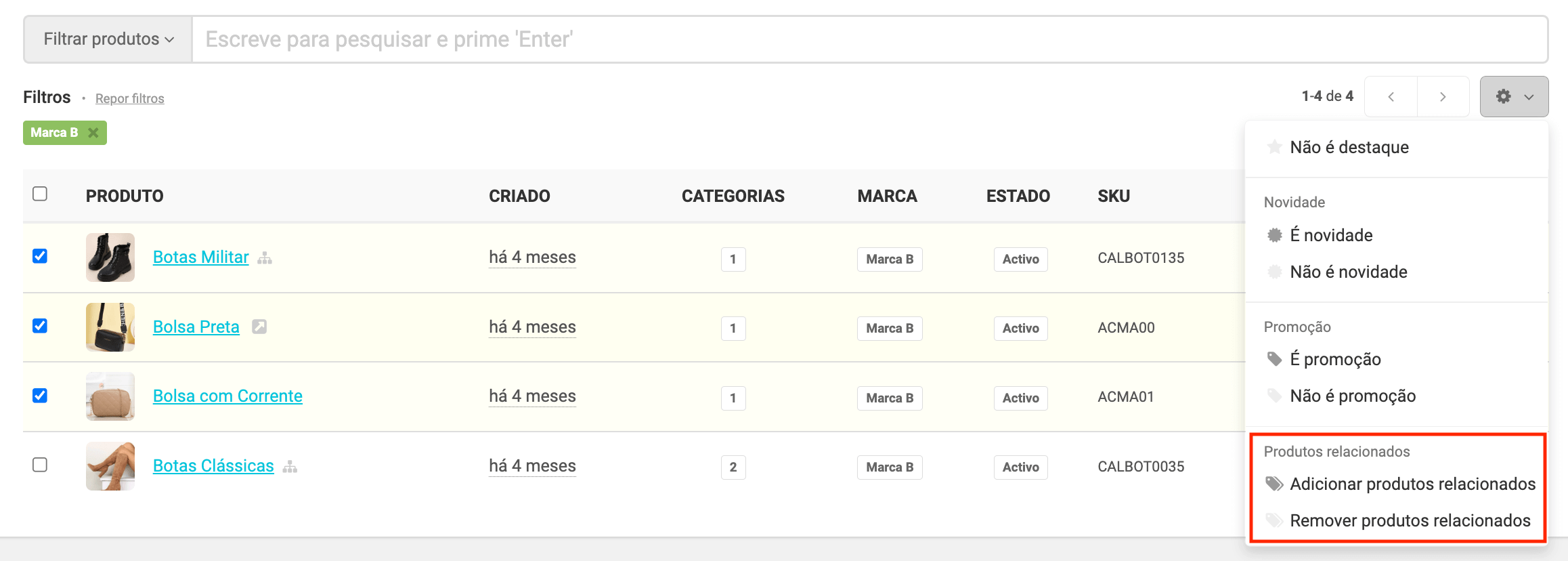Configuração de produtos relacionados na visão genérica
