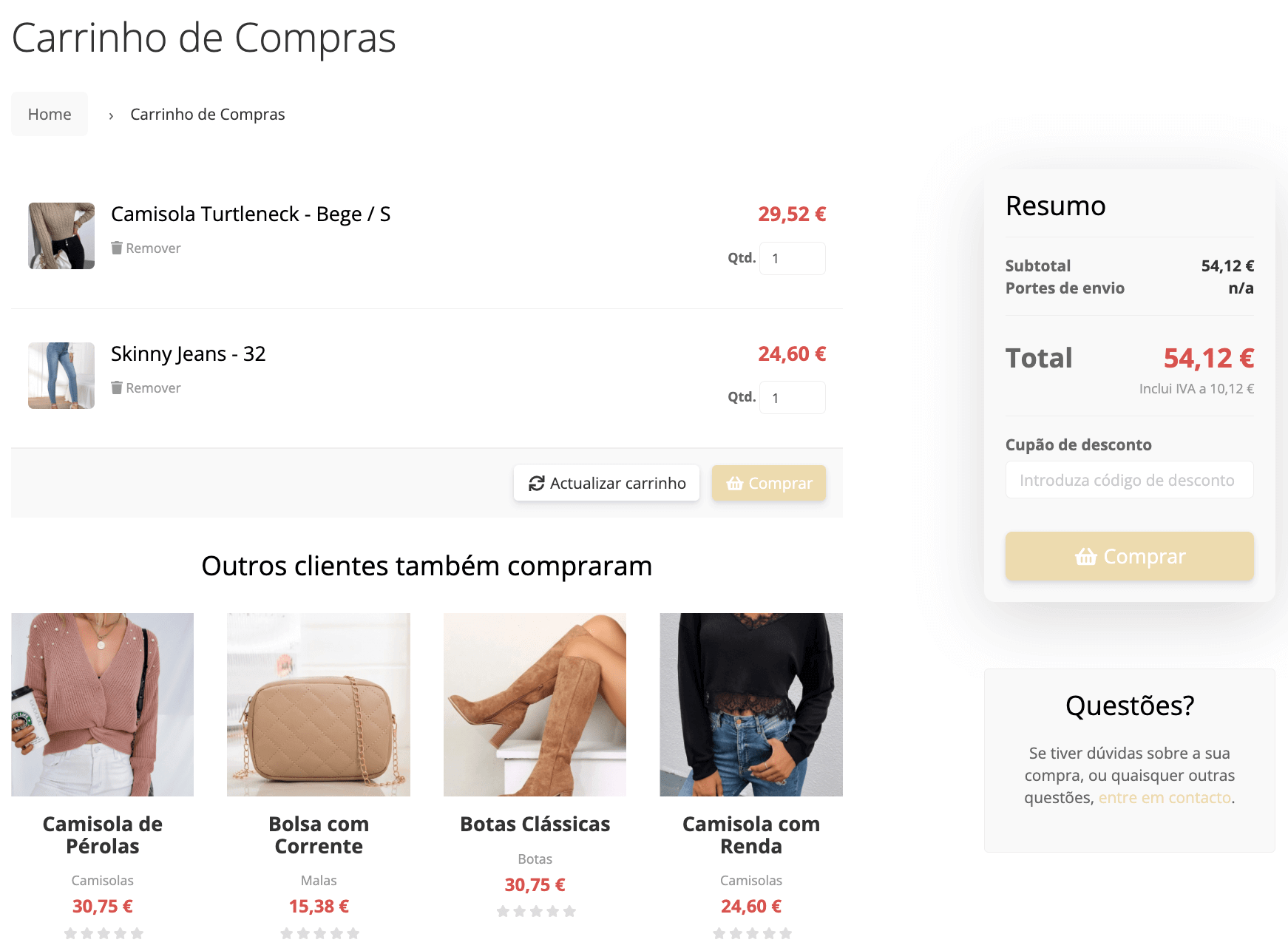 Produtos relacionados no carrinho