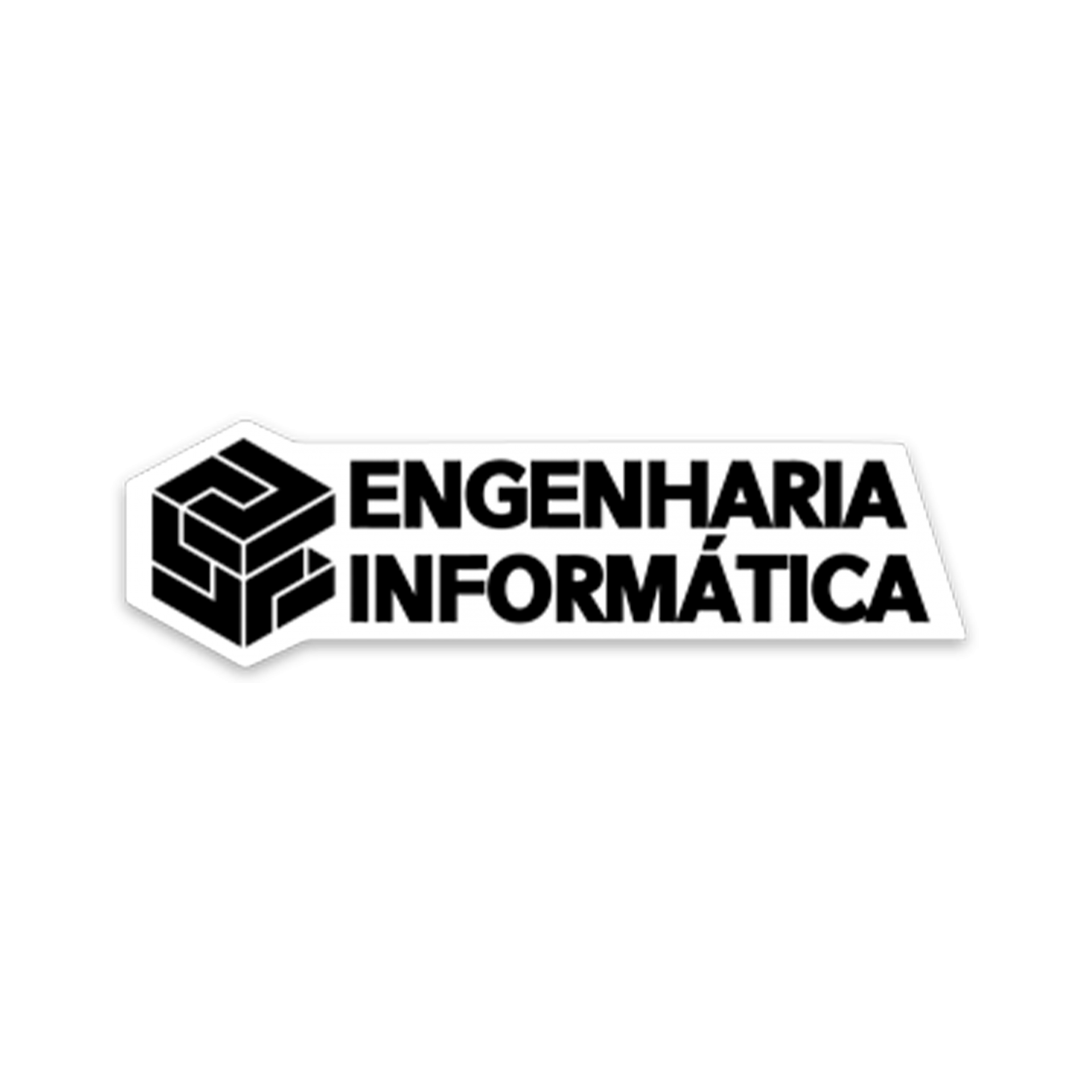 Logótipo branco com texto 'ENGENHARIA INFORMÁTICA' e símbolo geométrico em fundo preto
