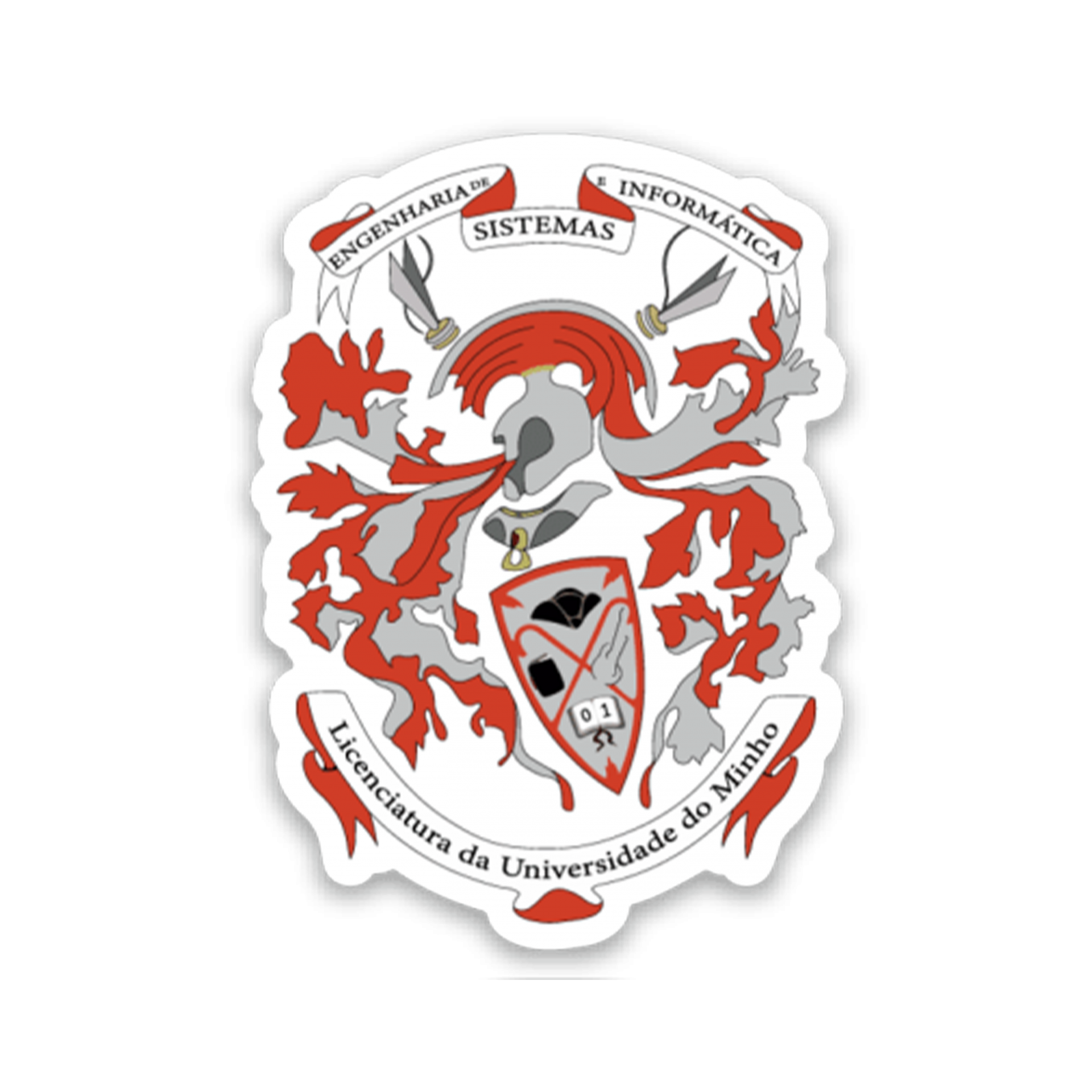 Emblema com escudo, capacete e texto da Universidade do Minho