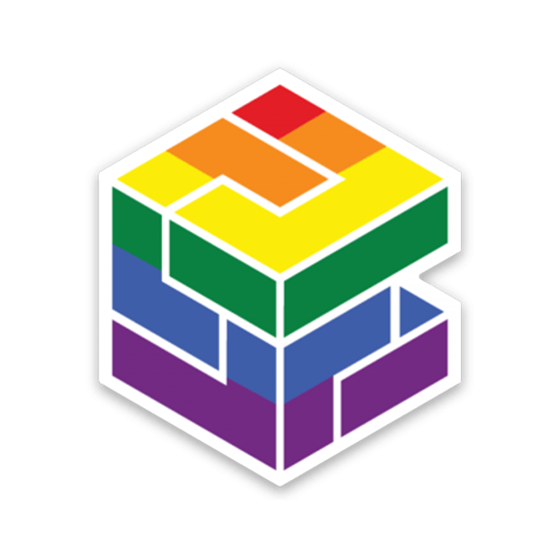 Logótipo cúbico colorido com cores do arco-íris e linhas brancas em fundo preto