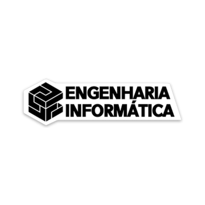 Logótipo branco com texto 'ENGENHARIA INFORMÁTICA' e símbolo geométrico em fundo preto