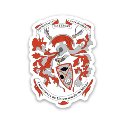 Emblema com escudo, capacete e texto da Universidade do Minho