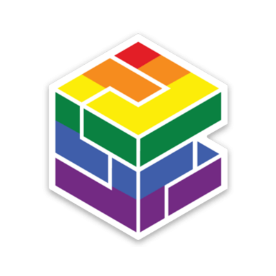 Logótipo cúbico colorido com cores do arco-íris e linhas brancas em fundo preto