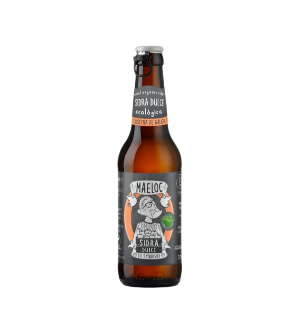Sidra Doce Ecológica - Maeloc Garrafa de sidra doce ecológica MaeLOC com rótulo preto e laranja.