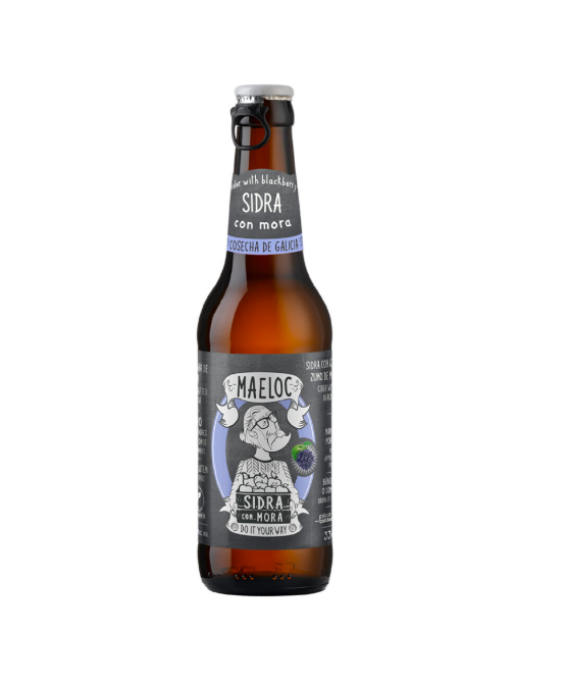 Sidra Ecológica com Amora - Maeloc Garrafa de sidra Maeloc com sabor a amora com rótulo cinzento e azul