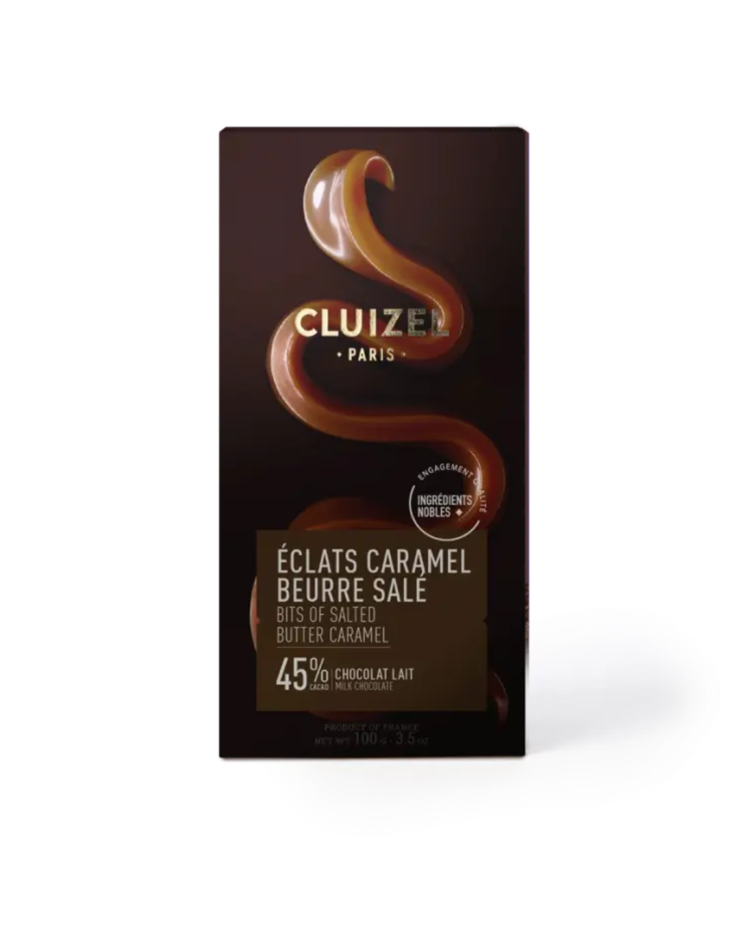 Tablete de Leite com Manteiga Salgada Eclats Caramelo 45% Barra de chocolate CLUIZE Paris Éclats Caramel Beurre Salé 45% cacau