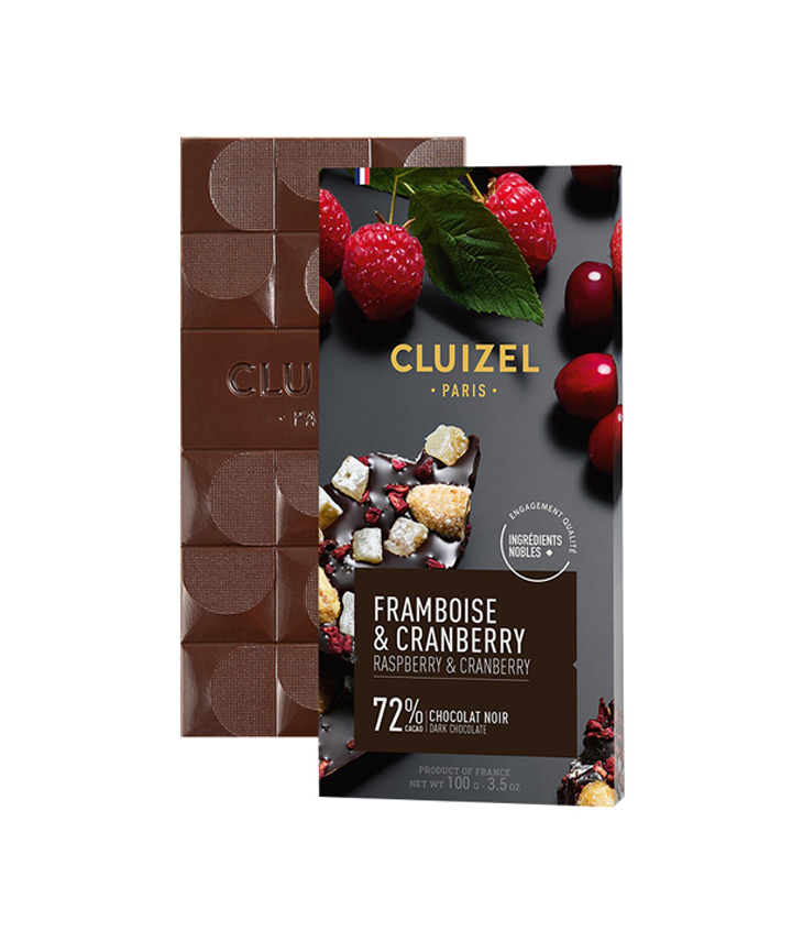 Tablete de Chocolate Negro Framboesa e Arando 72% Cacau 100g - Cluizel Barra de chocolate Cluizel com framboesa e cranberry num fundo branco