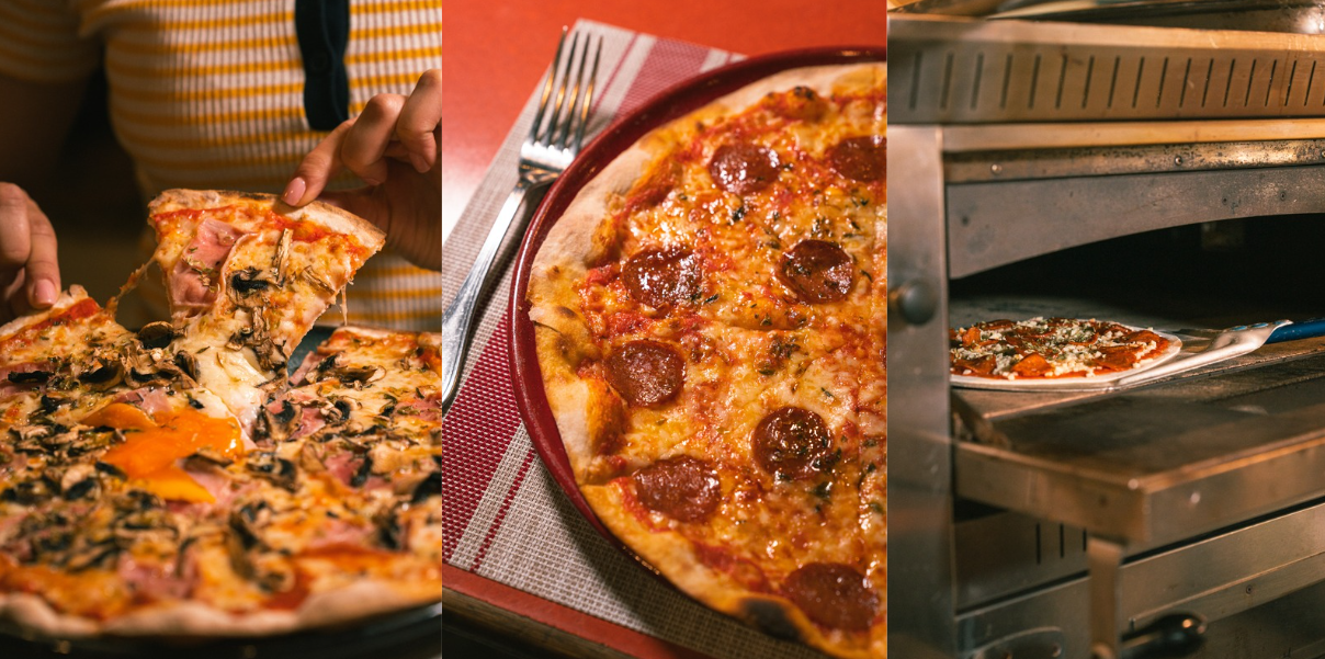 Três pizzas variadas, uma sendo servida, uma numa mesa e outra num forno.
