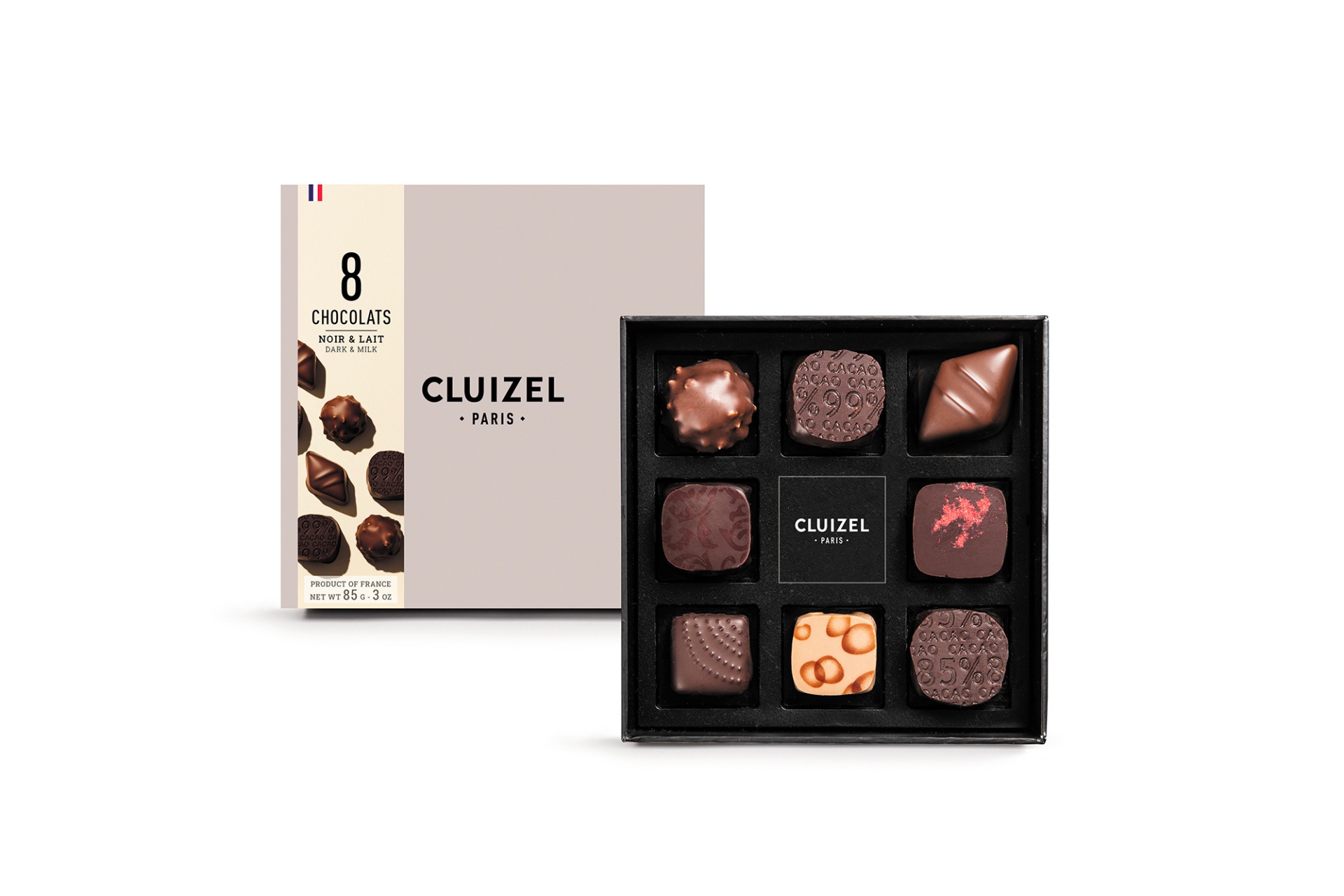 Caixa de Bombons de Chocolate Noir & Lait nº 8 85g - Cluizel Caixa de bombons Cluizel Paris com 8 chocolates variados