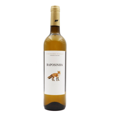 Garrafa de vinho branco com rótulo e imagem de raposa