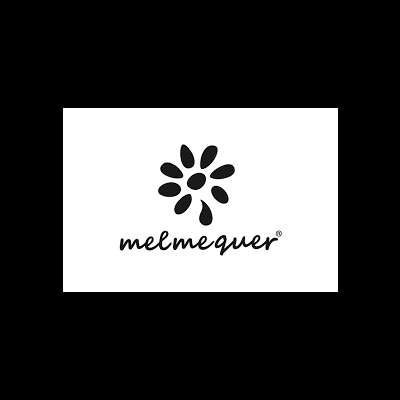 Logótipo preto floral com texto 'melmequer' em letra cursiva