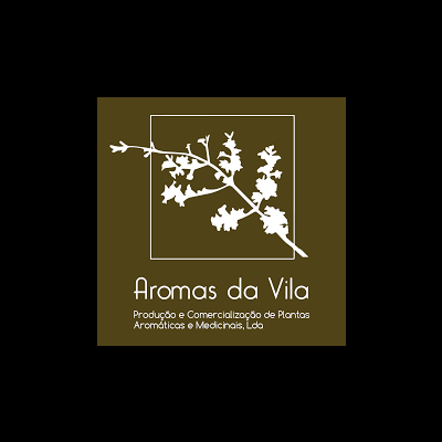 Logótipo Aromas da Vila com ramo branco em fundo castanho