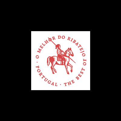 Logótipo vermelho com cavaleiro a cavalo e texto circular