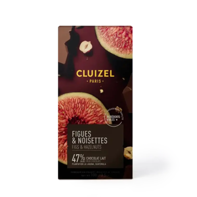 Embalagem de chocolate ao leite Cluizel com figos e avelãs