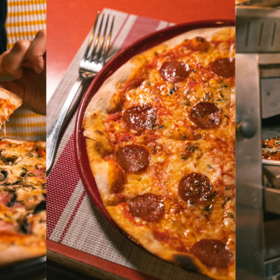 Três pizzas variadas, uma sendo servida, uma numa mesa e outra num forno.