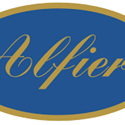 Logótipo azul oval com texto dourado Alfieri