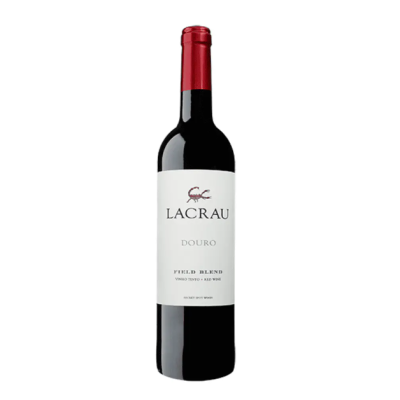 Garrafa de vinho tinto com rótulo branco e cápsula vermelha