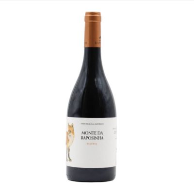 Garrafa de vinho tinto Monte da Raposinha com rótulo branco e imagem de raposa