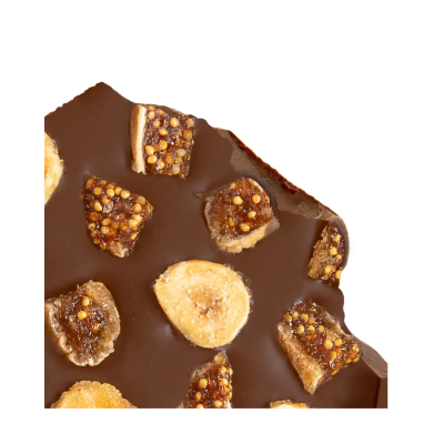 Barra de chocolate com pedaços de banana e figo secos