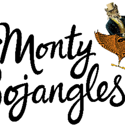 Logo com texto Monty Bojangles e ilustração de gato vestido sentado num peixe laranja.