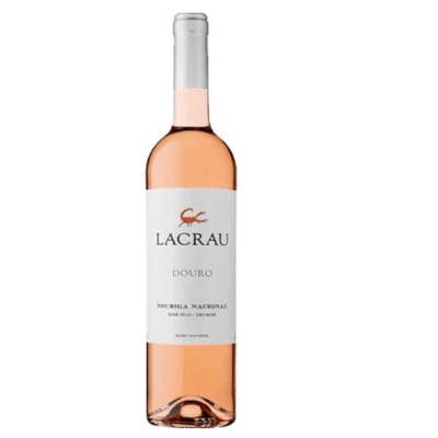Garrafa de vinho rosé Lacrau Douro com rótulo branco e cápsula prateada