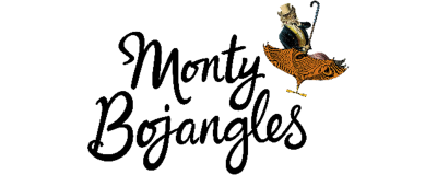 Logo com texto Monty Bojangles e ilustração de gato vestido sentado num peixe laranja.