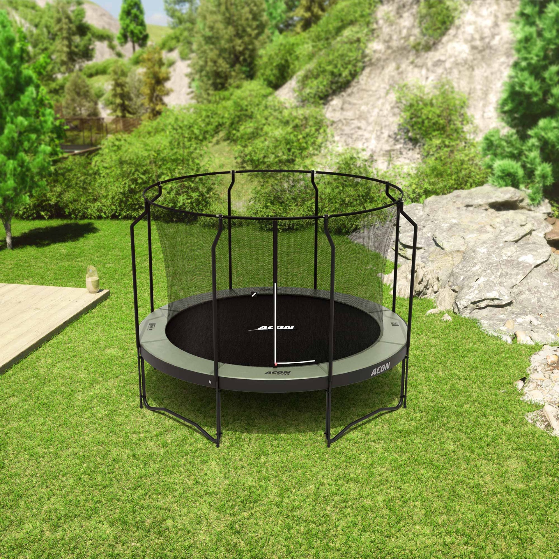 Trampolim redondo preto com rede de proteção num jardim verde