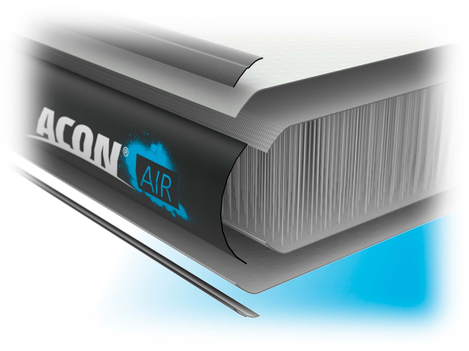 Corte transversal de colchão cinzento com a marca ACON AIR em destaque.
