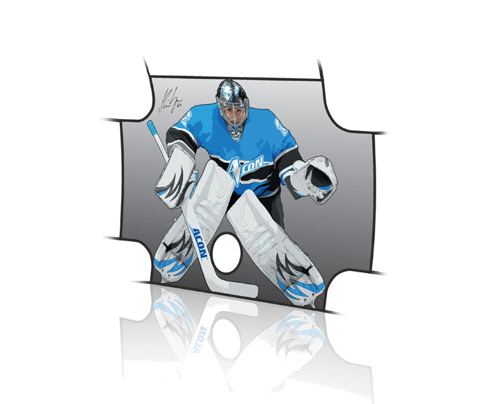 Jogador de hóquei em patins com equipamento azul e branco dentro de uma peça de puzzle cinzenta