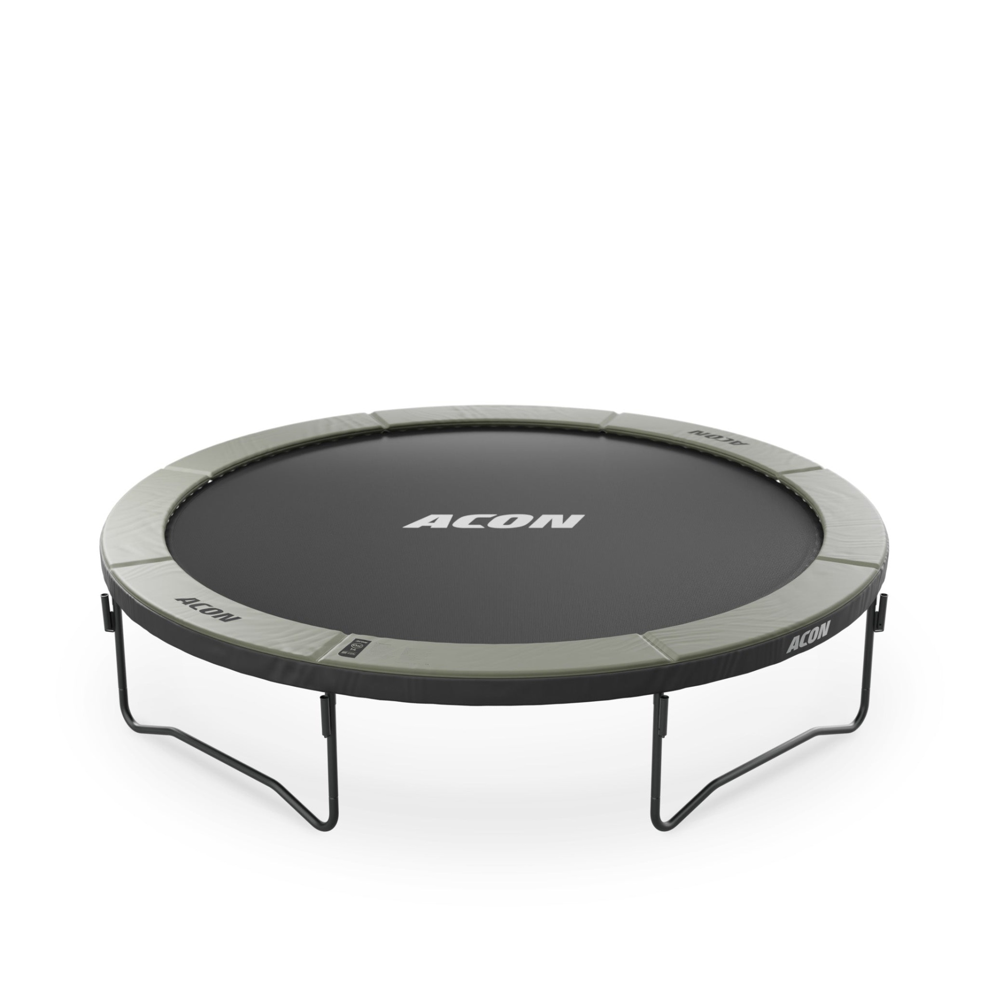 Trampolim circular com suporte metálico e superfície de salto preta com marca ACON