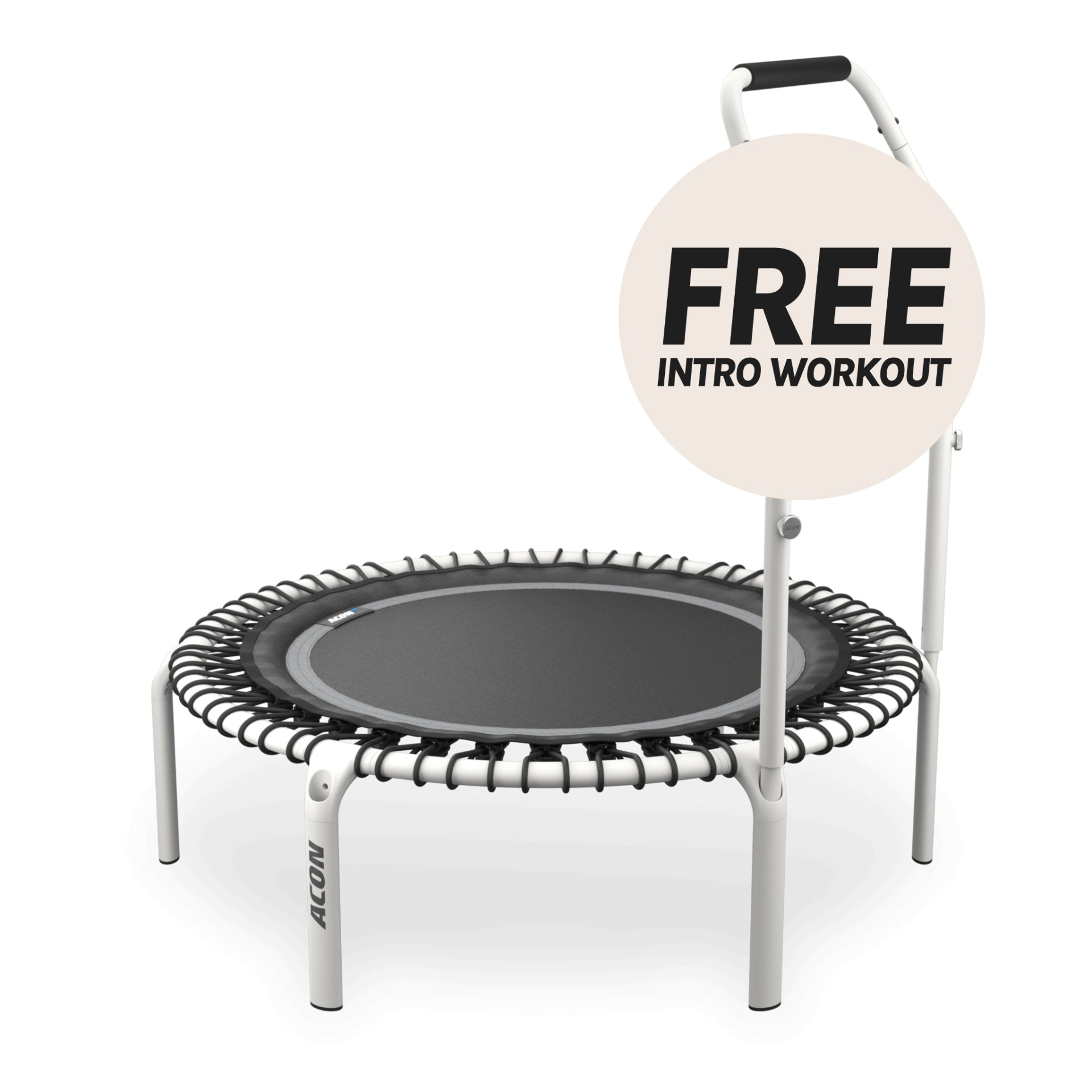 Trampolim de fitness branco e preto com texto promocional