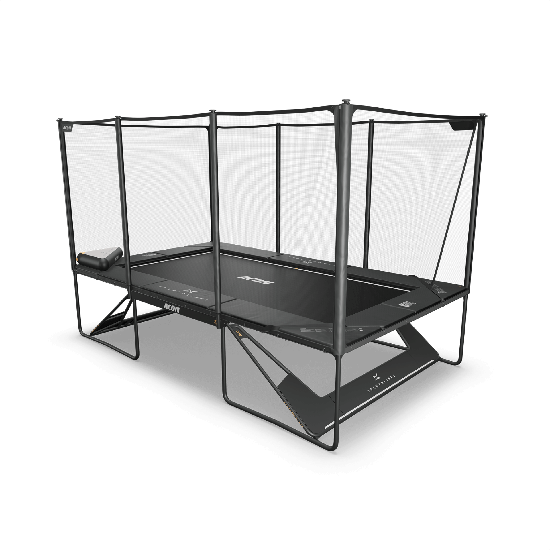 Cama elástica retangular preta com estrutura metálica e rede de segurança, com marcas ACON e TRAMPOLINES visíveis.
