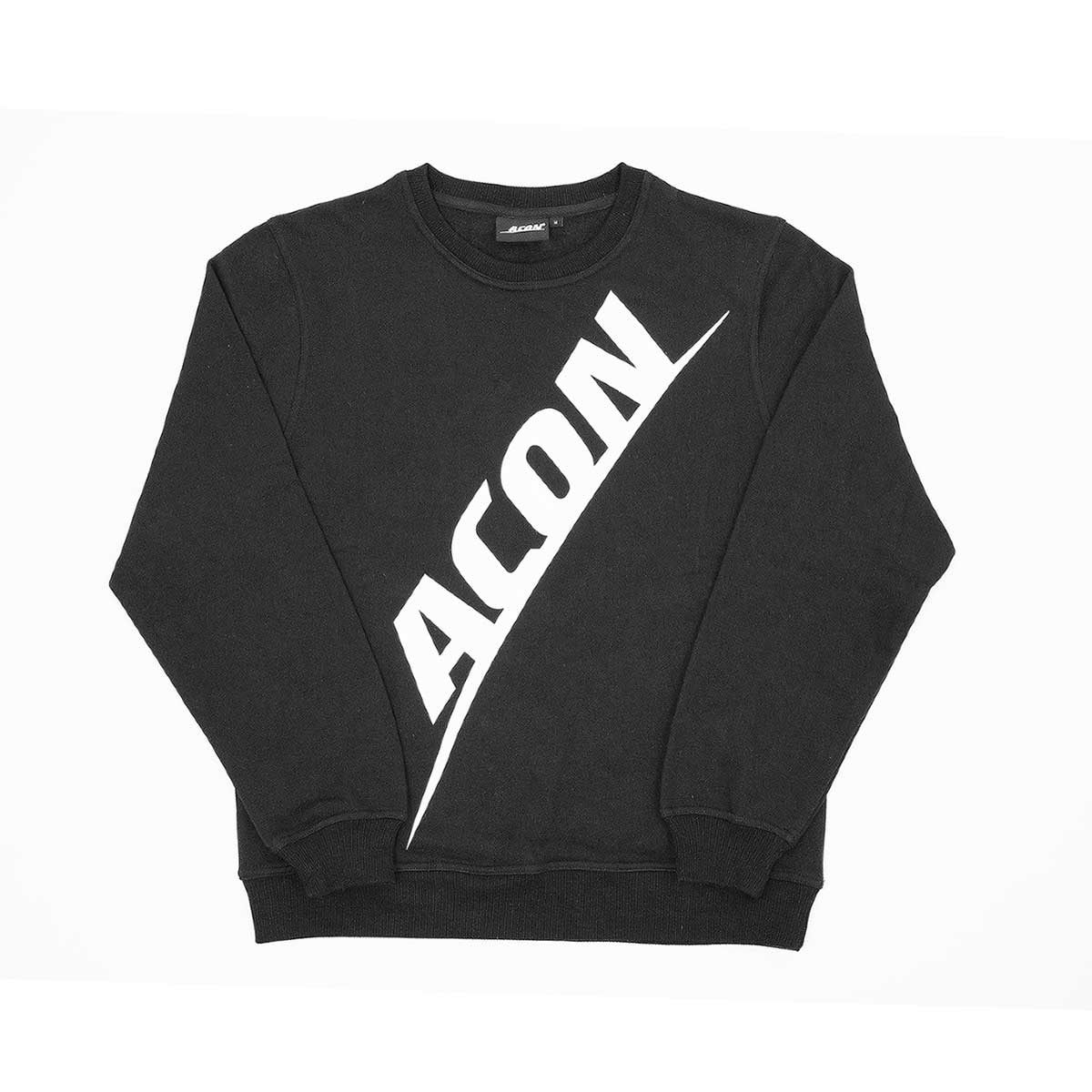 Sweatshirt preta com estampa branca diagonal com texto ACON.
