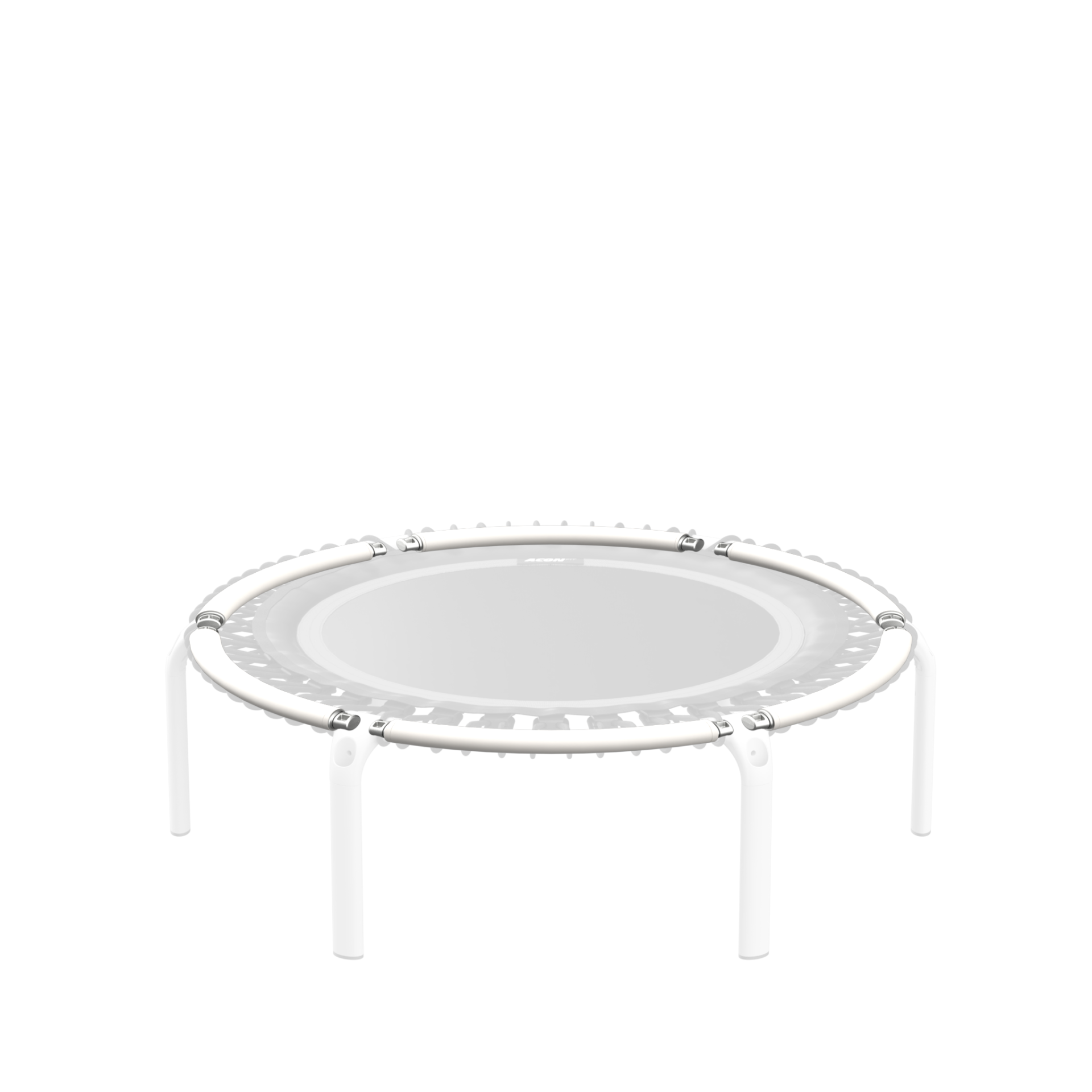 Mini trampolim redondo branco com suporte metálico e elásticos pretos