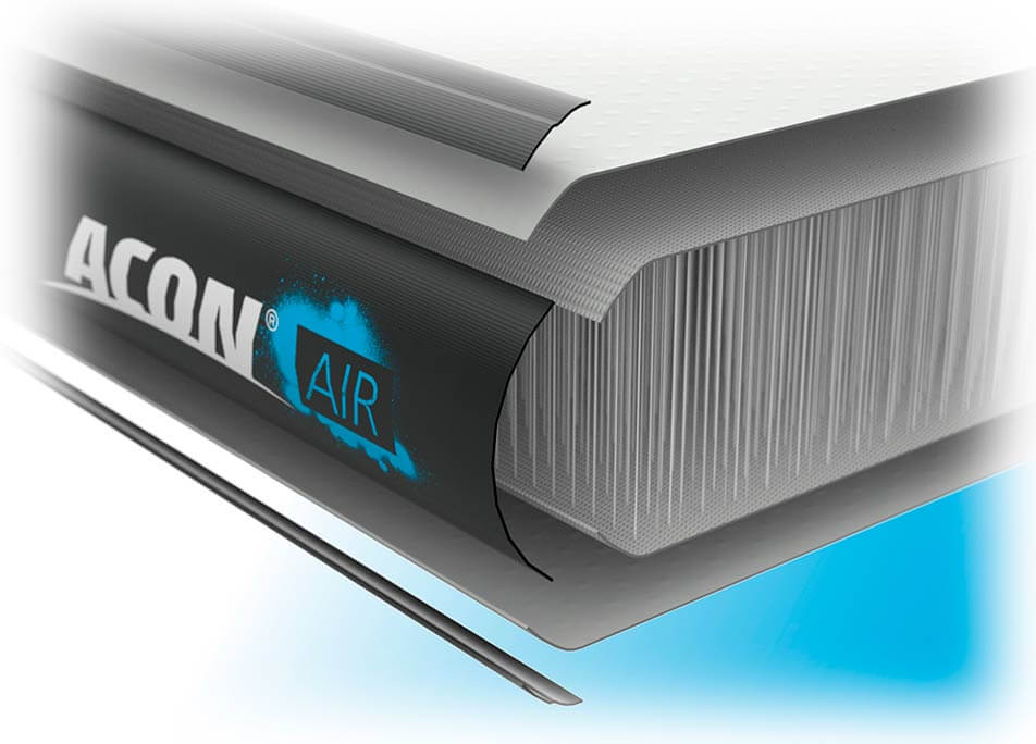 Colchão com etiqueta ACON AIR e várias camadas visíveis