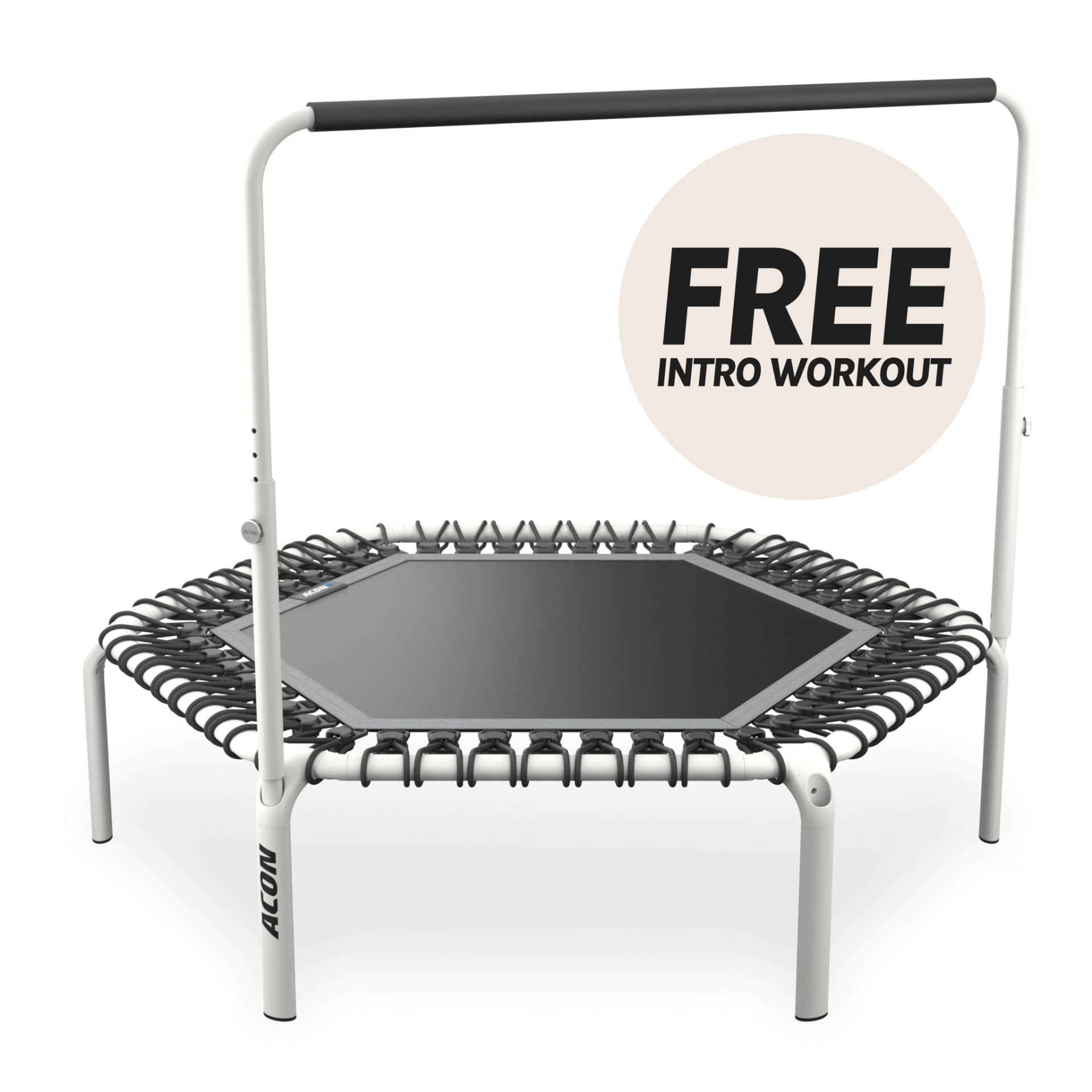 Trampolim de fitness com barra de apoio e texto promocional ao fundo